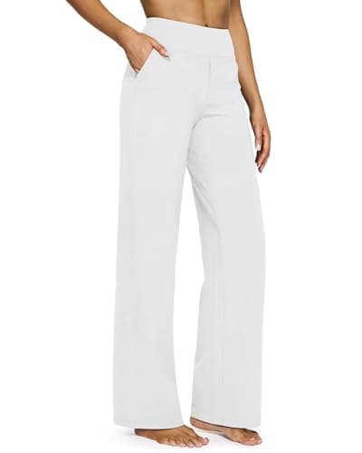 G4Free Wide Leg Pants Woman Loose Yoga Dress Pants with Pockets Comfy Stretch Business Casual Work Teacher Pants(White,L,29")