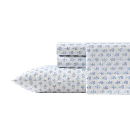 Laura Ashley - King Sheet Set, Crisp & Cool Cotton Percale Bedding with Deep Pockets, Lightweight for Year Round Comfort, Bed Sheets with Matching Pillowcases (Francesca Blue)