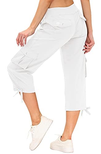 MoFiz Womes Cargo Hiking Capri Pants Lightweight Quick Dry Running Athletic Casual Outdoor Button Pockets Rice White L