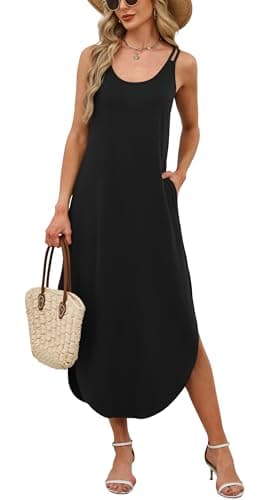 WIHOLL Black Dresses for Women Maxi Dress Summer Casual Spaghetti Strap Long Sundress with Pockets Mother of the Bride Dresses Elegant Evening Party Day Outfits M