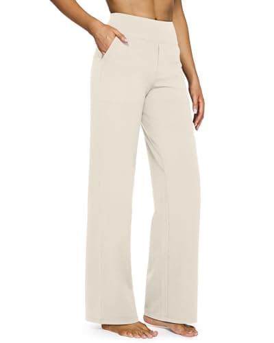 G4Free Women Wide Leg Pants Lightweight Yoga Flare Leggings High Waisted Casual Sweatpants(Ivory,L,Petite)