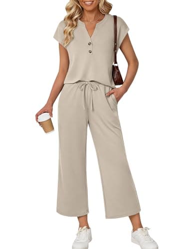 LILLUSORY Two Piece Lounge Sets for Women Spring Vacation Beach Travel Airport Outfits Casual Cruise Fashion 2026 Khaki XS