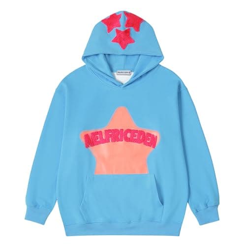 Aelfric Eden Graphic Hoodies for Men Y2K Printed Hoodie Sweatshirt Casual Oversized Long Sleeve Vintage Streetwear Hiphop Hooded Pullover Blue Medium