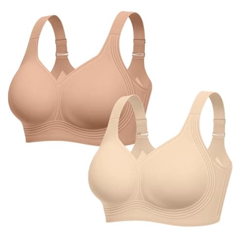 LetsJoli Bras for Women Supportive Wireless Push Up Bra Full Coverage No Underwire Seamless Plus Size for Older Women(Sand+Nude,2PCS,S)