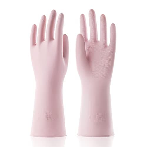 COOLJOB Medium Household Rubber Gloves with Cotton Liner & Non-slip Grip, Waterproof Long Lasting Dishwashing Gloves for Kitchen & Bathroom Cleaning, Light Pink, 1 Pair