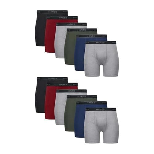 Hanes Men's Boxer Brief Underwear, Cotton Boxer Briefs, Moisture-Wicking, Assorted Solids, 12-Pack