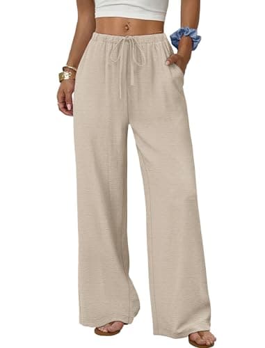 Sampeel Linen Pants Women Wide Leg Palazzo Pants Flowy Casual Summer Outfits 2026 Boho Fashion Beach Vacation Clothes Plus Size Spring Trouser Vacation Outfits Travel Cruise Khaki L