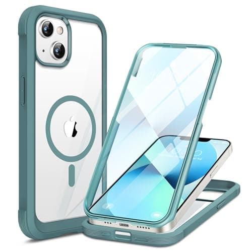 Miracase for iPhone 13 Case 6.1'',Full-Body Magnetic Clear Bumper Case with Built-in 9H Tempered Glass Screen Protector,Military Drop Protection Outdoor Phone Case,Teal