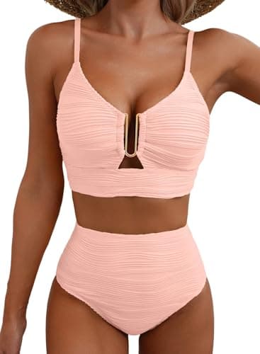 Herseas Sexy Bikini Sets for Women V-Wired Textured Cutout Popular Swimsuits Two Piece High Cut 2026 Summer Bathing Suit Vacation Essentials Baby Pink X-Small