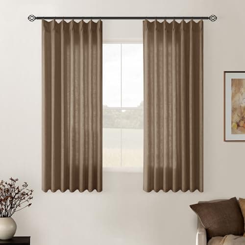 Dutch Cocoa Pinch Pleated Short Linen Curtains 45 Inch Length 2 Panels for Living Room Bedroom Memory Trained Semi Sheer Pleat Drapes with Hooks Rings Light Filtering Kitchen Window Curtain 40x45