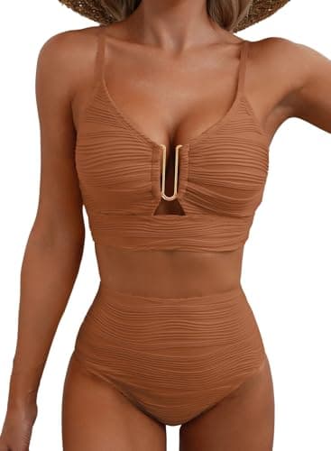 Herseas Metal U-Wired Bikini Set for Women Spaghetti Straps Bathing Suit High Rise 2 Piece Popular Swimsuit Cutout Beach Fashion Outfits Flattring Swimwear Caramel X-Small