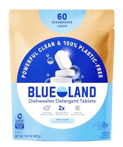 BLUELAND 100% Plastic-Free Dishwasher Detergent Tablets, 60 Count, Free & Clear, Eco-Friendly Dishwashing Pods, Natural, USDA Certified biobased