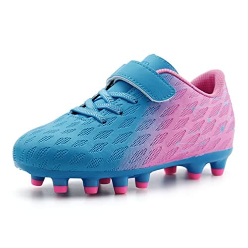 brooman Kids Firm Ground Soccer Cleats Boys Girls Athletic Outdoor Football Shoes (8,Blue Pink)
