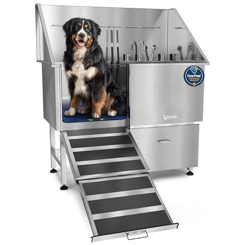 KANIS Professional Dog Washing Station - 304 Stainless Steel Pet Wash Sink & Grooming Bathtub w/Shower, Floor Grates and Storage for Large, Medium & Small Pets (50", 1 Drawer - Left Ramp)