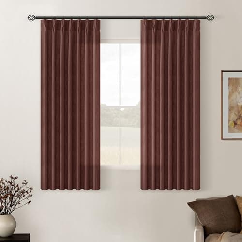 Reddish Brown Pinch Pleated Linen Cafe Curtains 45 Inch Length 2 Panels for Dining Room Kitchen Bedroom Semi Sheer Pleat Drapes with Hooks Rings Light Filtering Short Window Curtain Cabinet 40x45