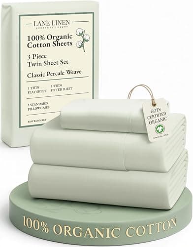 LANE LINEN 100% Organic Cotton Twin Sheets, Soft & Comfy Percale Weave Mercerized Fully Elasticized Reinforsed Seam Naturally Temperature Regulating Cotton Sheets Twin- Mineral