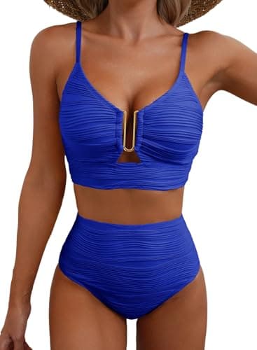 Herseas Sexy Bikini Sets for Women V-Wired Textured Cutout Full Coverage Swimsuit 2 Piece High Cut Curvy Bathing Suit Slimming 2026 Summer Cruise Essentials Bright Blue X-Small