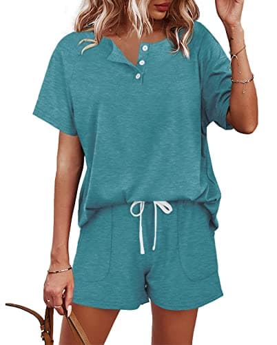 WIHOLL Summer Outfits For Women 2 Piece Lounge Sets Short Sleeve Turquoise S