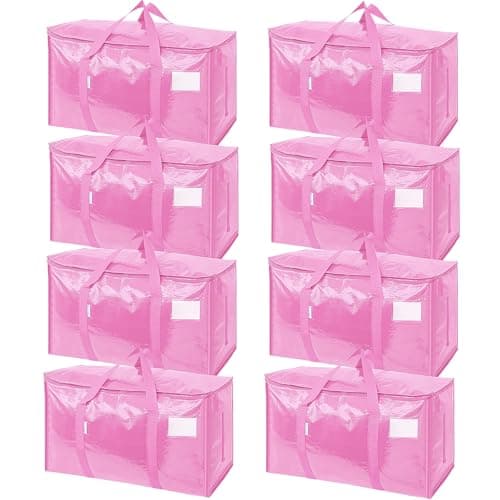 TICONN 8 Pack Extra Large Moving Bags Heavy Duty with Zippers & Carrying Handles, Durable Storage Bags Moving Boxes for Closet Organizers and Storage (8 Pack, Pink)
