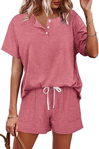 WIHOLL Rompers for Women Casual Summer 2 Piece Outfits with Pockets Plus Size Pink S