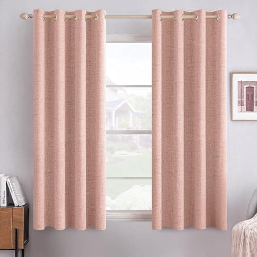 MIULEE Linen Curtains for Bedroom 100% Blackout Thermal Insulated Blush Pink Grommet Room Darkening Curtains & Drapes for Living Room Nursery 52 x 45 Inch (2 Panels)