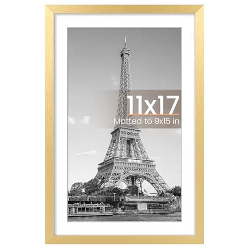 upsimples 11x17 Picture Frame, Display Pictures 9x15 with Mat or 11 x 17 Without, Wall Hanging Poster Frames, Gold, 1 Pack