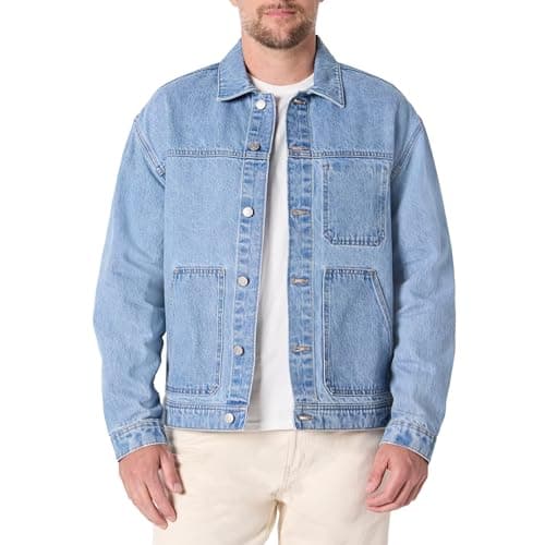 Amazon Essentials Men's Rigid Denim Relaxed-Fit Utility Jacket with Pockets, Vintage Blue, Large