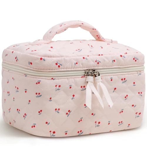 Prite Large Cosmetic Bags for Women Cute Makeup Bag Floral Coquette Aesthetic Toiletry Bag Travel Make Up Organizer Bag (Cherry)