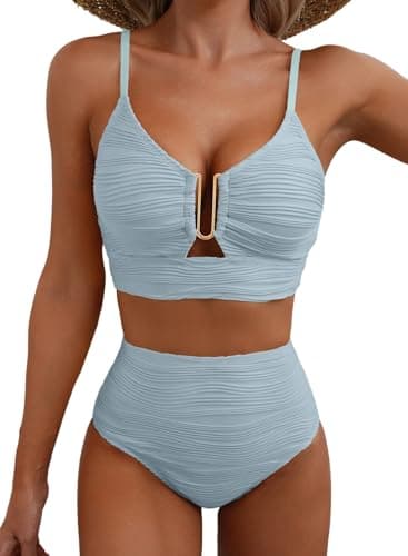 Herseas Womens Metal U-Wired Bikini Set Spaghetti Straps Textured Bathing Suit High Rise 2 Piece Popular Swimsuit Cutout Beach Outfits Flattering Swimwear Baby Blue X-Small