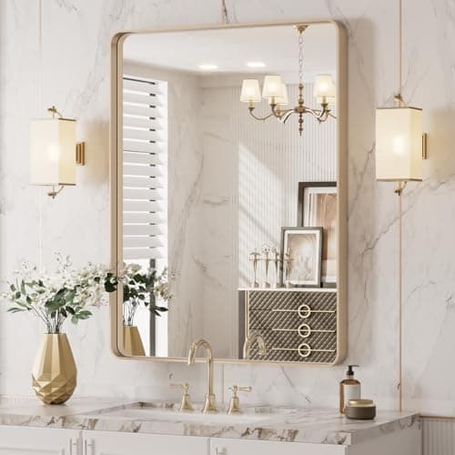 LOAAO 20”X30” Gold Bathroom Mirror, Rounded Rectangle Gold Frame Mirror, Brushed Gold Bathroom Vanity Mirror Wall-Mounted, Anti-Rust, Hangs Horizontally or Vertically