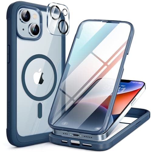 Miracase Magnetic for iPhone 14 Case 6.1'', [Bubble Free] Full-Body Bumper Phone case with Built-in Full Glass Screen &Lens Protector,No Gap,Compatible with MagSafe,Drop Proof 14 Cover,Storm Blue
