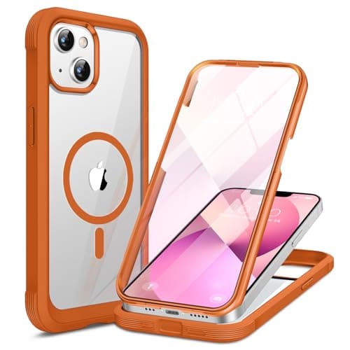 Miracase Compatible with iPhone 13 case 6.1 inch, 2021 Upgrade Full-Body Glass Clear Case Bumper Case with Built-in 9H Tempered Glass Screen Protector for iPhone 13,Orange