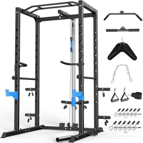 ULTRA FUEGO Power Cage, Multi-Functional Power Rack with J-Hooks, Dip Handles, Landmine Attachment and Optional Cable Pulley System for Home Gym (Power Cage with Pulley System)