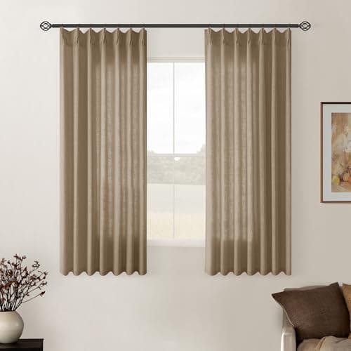 Latte Pinch Pleated Short Linen Curtains 45 Inch Length 2 Panels for Living Room Bedroom Memory Trained Semi Sheer Pleat Drapes with Hooks Rings Light Filtering Small Kitchen Window Curtain 40x45