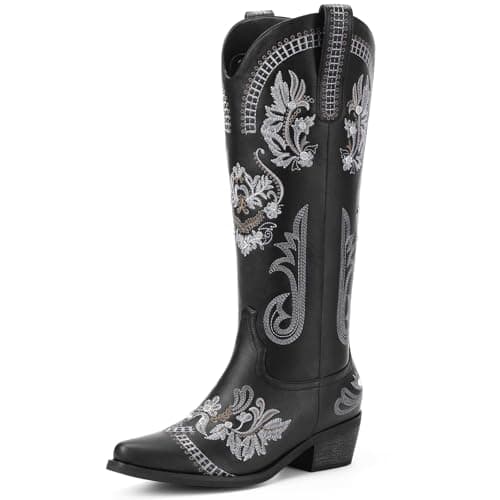 Dixhills Cowboy Boots for Women - Black Western Knee High Cowgirl Boots with Sparkly Rhinestone, Retro Embroidered Tall Boot Pointed Toe Side Zipper for Country Concert Outfit Wedding Party US 5
