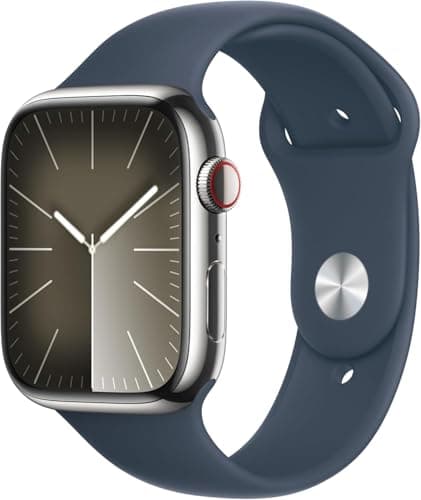 Apple Watch Series 9 [GPS + Cellular 45mm] Smartwatch with Silver Stainless Steel Case with Storm Blue Sport Band S/M. Fitness Tracker, ECG Apps, Always-On Retina Display