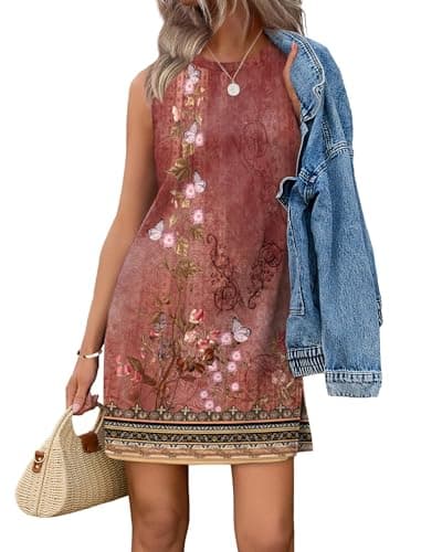 WIHOLL Dresses for Women Crew Neck Sleeveless Sundresses Casual Summer Clothes Boho Spring Vacation Dress Pink S