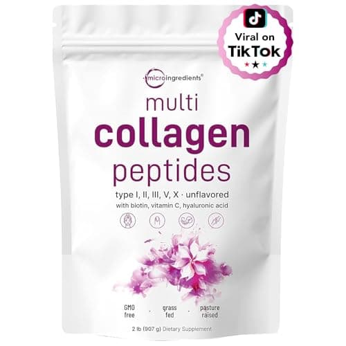 Micro Ingredients Multi Collagen Peptides Powder, 2lb – Hydrolyzed Type I,II,III,V,X with Biotin, Hyaluronic Acid, Vitamin C – Unflavored Collagen for Women & Men, Easy Dissolve, 82 Servings