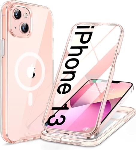 Miracase for iPhone 13 Case 6.1'', [Bubble Free] Full-Body Bumper Phone case with Built-in Full Glass Screen,No Gap,Compatible with MagSafe,Clear Pink