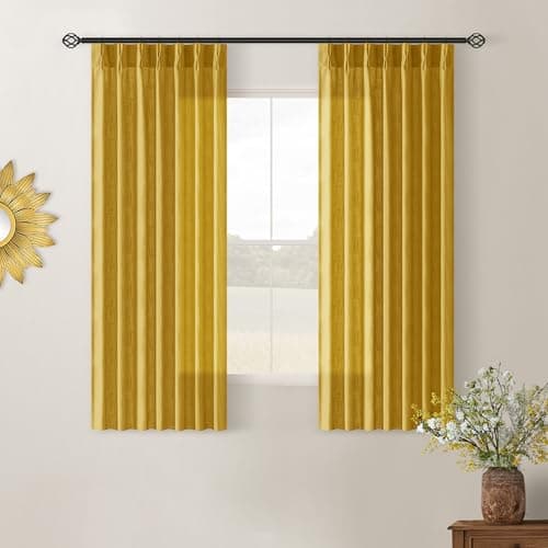 Mustard Yellow Pinch Pleated Linen Curtains 45 Inch Length 2 Panels Set for Bedroom Dining Room Kitchen Semi Sheer Linen Boho Retro Farmhouse Small Window Curtains 45 Inches Long Harvest Gold Yellow