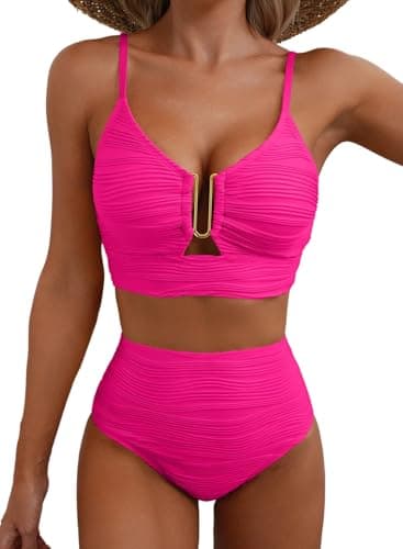 Herseas Metal U-Wired Bikini Set Spaghetti Straps Beautiful Bathing Suit High Cut Out 2 Piece Popular Swimsuit Cutout Beach Fashion Outfits Curvy Swimwear Rose Red X-Small