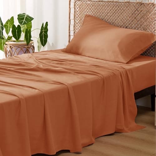Bedsure Cooling Sheets Twin XL, Rayon Derived from Bamboo, PureWoven, Breathable & Soft Twin XL Sheet Sets, Deep Pocket Up to 16 Inches, Hotel Luxury Silky Dorm Bedding for Hot Sleepers, Burnt Orange