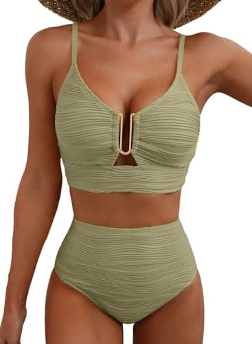 Herseas Sexy Bikini Sets for Women V-Wired Textured Cutout Swim Suits 2 Piece High Cut 2026 Summer Bathing Suit Sexy Classic Pool Party Outfits 2026 Summer Dusty Green X-Small