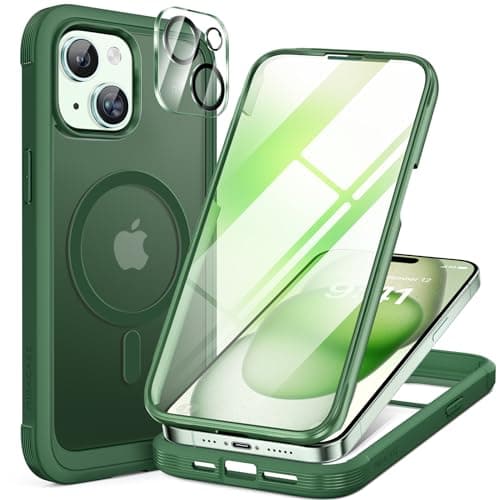 Miracase Glass Series for iPhone 15 Case [Compatible with MagSafe] Full-Body Magnetic Case with Built-in 9H Tempered Glass Anti-Fingerprint Screen Protector + Camera Lens Protector, Matte Green