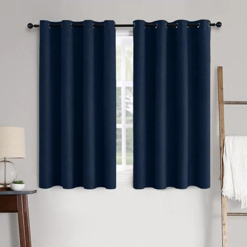 MIULEE Linen Textured Curtains for Bedroom Solid 100% Blackout Thermal Insulated Midnight Blue Grommet Room Darkening Curtains & Drapes Luxury Decor for Living Room Nursery 52 x 45 Inch (2 Panels)