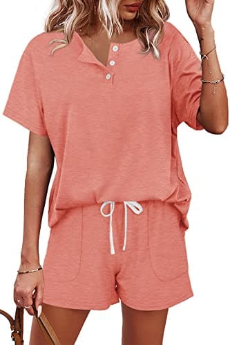 WIHOLL Pajama Set for Women Shorts Summer Outfits 2 Piece Set Solid Orange S