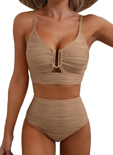 Herseas Women Curvy Popular Swimsuits 2 Piece U-Wired Push up Ribbed Ruched High Rise Bikini Sets Longline Modest Solid Bathing Suit Cute Beach Vacation Clothes Dark Brown X-Small