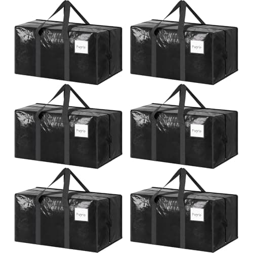 6 Pack Extra Heavy Duty Large Moving Bags with Strong Zipper & Comfortable Handles, Sturdy & Durable Clothes Storage Bags Totes Bins, Packing Moving Boxes for College Supplies, Black