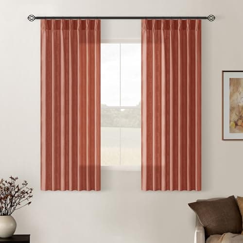 Terracotta Pinch Pleated Linen Curtains 45 Inch Length 2 Panels Set for Bedroom Dining Room Kitchen Semi Sheer Linen Boho Farmhouse Small Window Curtains 45 Inches Long Burnt Orange Autumn Fall Decor
