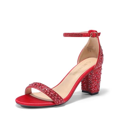 DREAM PAIRS Women's Chunk Low Heel Pump Sandals,Size 8.5,Red/Rhinestone,CHUNK